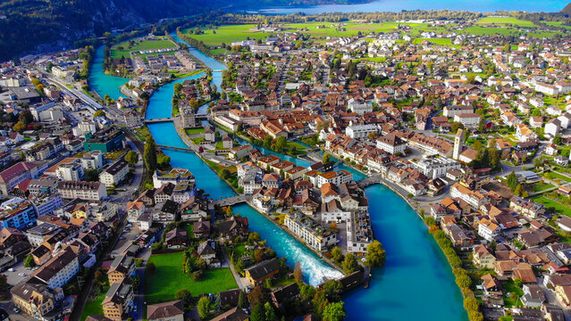 Aerial view over the city of Interlaken in Switzerland - amazing drone footage