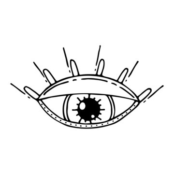 All-seeing eye line. Mystical symbol of mind and spirit. Secret third eye. Ancient symbol. The wise eye of God. Magic heavenly amulet. Hand drawn vector doodle illustration. Simple outline element.