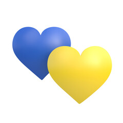 Hearts with colors of Ukrainian flag isolated on white background with copy space. Support Ukraine. 3D rendering 3D illustration
