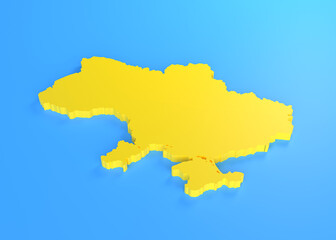 Fototapeta premium Map of Ukraine isolated on blue background with copy space. Ukrainian flag colors. copy space. Support Ukraine. Support Ukraine. Stop WAR. No aggression. 3D rendering 3D illustration