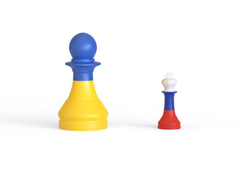 Ukraine and russia chess pieces pawn and king with flag. 3D rendering 3D illustration