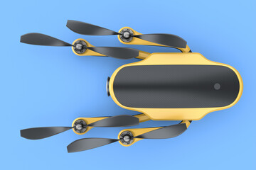 Flying photo and video drone or quad copter with action camera isolated on blue