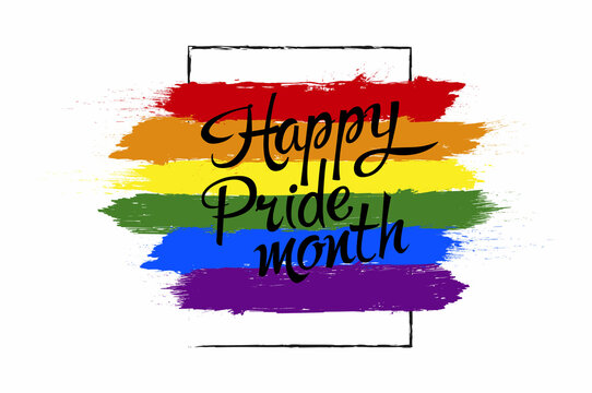 Pride month 2022 logo card with minority flag.Banner Love is love.Rainbow Pride symbol with heart,LGBT,sexual minorities,gays and lesbians.Designer sign,logo,icon:colorful rainbow in background.Vector