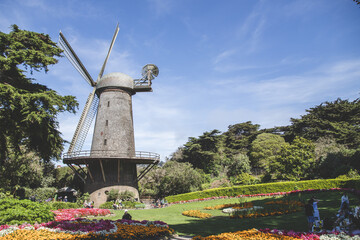 Side view of the North (Dutch) windmill with beautiful flowers and trees in Golden Gate Park, USA