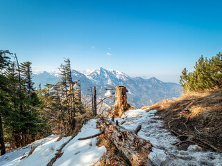 Bavarian snow hike path with a view to the light spot