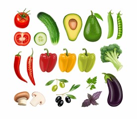 Set of vegetables on a white background. Tomatoes, cucumber, avocado, peas, chili, pepper, broccoli, mushrooms, olives, eggplant, basil, parsley. Stock illustration.