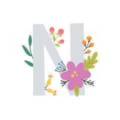vector image of letter n and flowers