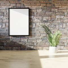 Blank Frame Hanging On The Wall, Indoor Plant 3d Rendering