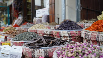 Various Spice Stalls and Carob in the Market