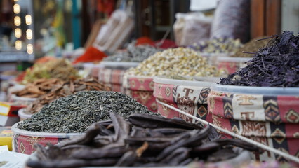 Various Spice Stalls and Dried Mint Leaves in the Market