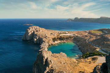 View of the bay in the form of the heart of St. Paul from the Acropolis. Lindos, Rhodes, Greece