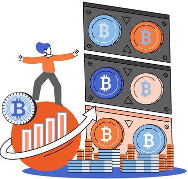 Cryptocurrency miner or trader, stock exchange player, bitcoin investor analyzes sales with charts. Successful businessman moving up with golden bitcoin coin on background of virtual electronic money