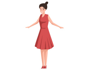 Full length view of pretty female character. Shy girl in dress stands with her hands on sides. Cute woman in red clothes posing and dancing. Lady in summer dress and shoes isolated on white background