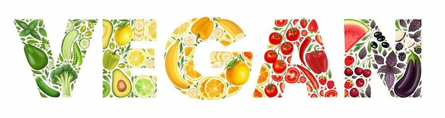 Vegan lettering made from fruits and vegetables on a white background. Stock illustration.