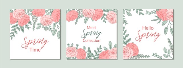 Set of gentle spring designs with floral elements. Hand drawn vector illustration