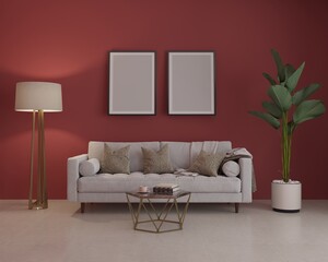 stylish room in light red colors with sofa, floor lamp, blank picture and flower. 3d render