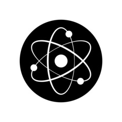 Atom logo. Core icon. Black atomic neutron isolated on white background. Nuclear atom. Icon nucleus. Orbit spin. Proton core symbol. Graphic signs atom. Science design. Molecule model. Vector