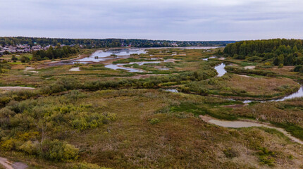 Fototapeta na wymiar perspective aerial view of swamp and lake near village in Kirov Region of Russia