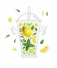 Cartoon drawing of a cocktail with lemon, lime and mint leaves on a white background. Stock illustration.