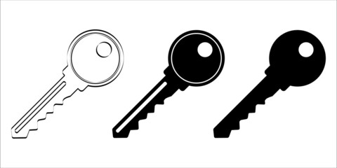Key icon set. Isolated key symbol in black color. Silhouette of privacy or protection symbol. Simple door key or mobile app design element. Classic unlock tool.
