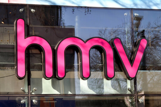 Cardiff, Wales - March 2022: Sign above the entrance to a branch of HMV in the city centre