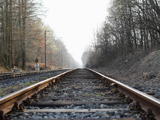 Obraz premium Tracks photographed from the seat. The photo has beautiful gray and brown shades.