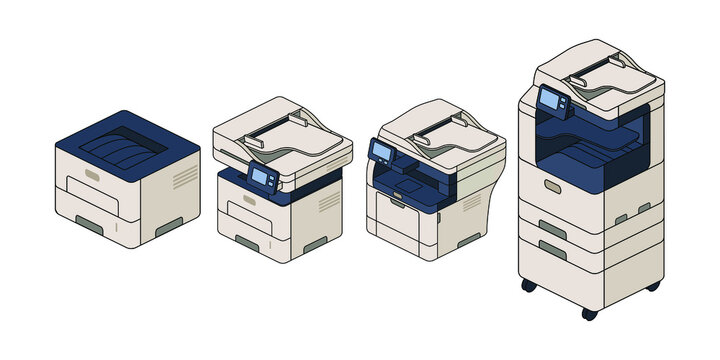 Vector logos of isometric printers. MFP icons for the office network