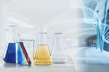 Laboratory glass flask and beaker and medical science laboratory background