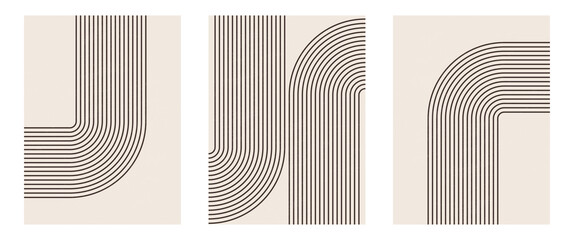 Set of Mid century modern minimalist art print with organic natural shape. Abstract contemporary aesthetic background with geometric black line on beige. Boho wall decor. © anya