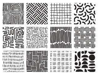 Set Aesthetic Contemporary printable seamless pattern with abstract line brush stroke shapes and line in nude colors. Pastel boho background in minimalist mid century style vector Illustration