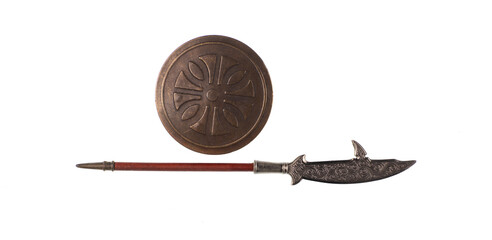 medieval spear and shield isolated on white background
