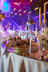Table set for wedding or another catered event dinner.