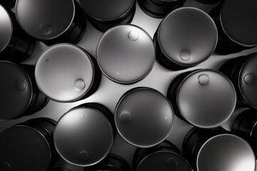 Black glossy oil barrel, 3D rendering, abstract business background, top view