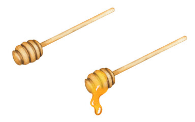 Honey spoon set, Honey dripping from dipper, Wooden honey drizzler
