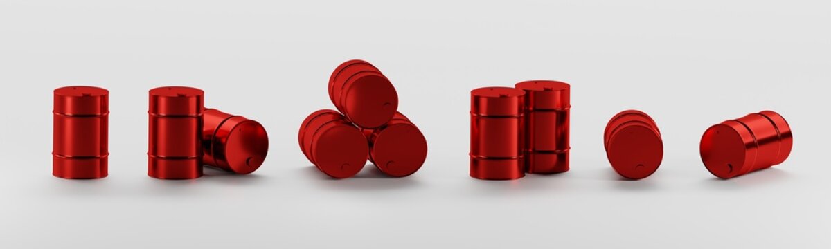 Set of Golden glossy oil barrel, 3D rendering, wide abstract business background for footer or header on site