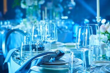 Table set for wedding or another catered event dinner.