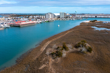 Fototapeta na wymiar Aerial view of Sugarloaf Island looking towards Morehead City and the North Carolina Port