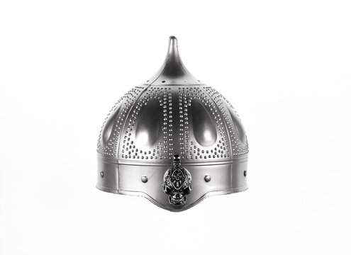 medieval silver helmet isolated on white background