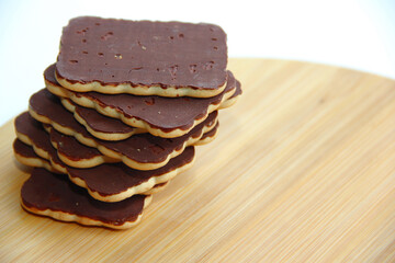 chocolate cookies on a wooden table. handmade chocolate dessert