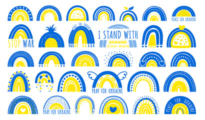 Set of rainbows In the traditional colors of the flag of Ukraine. Care, love and charity symbol. A set of yellow-blue rainbows in support of Ukraine. pray for Ukraine