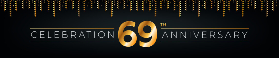 69th anniversary. Sixty-nine years birthday celebration horizontal banner with bright golden color.