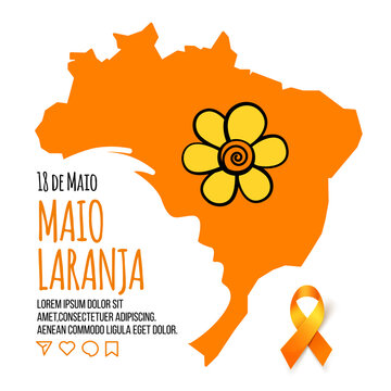 May 18 is National Day Against Sexual Abuse and Exploitation of Children in Brazil. Poster for Maio laranja with the silhouette of a child on the background of the map of Brazil