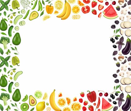 Frame of vegetables, fruits and berries on a white background. Stock illustration.