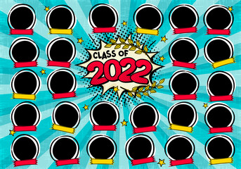 Comic Photo frame for class of 2022 in pop art style. A photo album for a graduating class or community. Vector Template for the design of frames for Kindergarten, photographs, posters, cards.