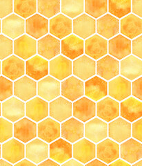 Seamless pattern with honeycombs, Watercolor textures and bright colors
