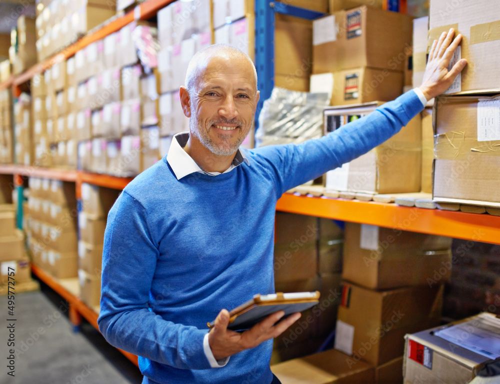 Poster doing a job well is its own reward. portrait of a man standing next to industrial shelving with boxe