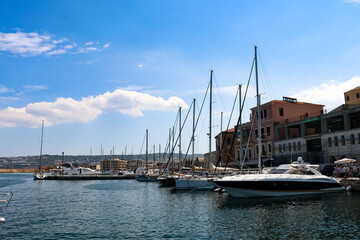 Fototapeta na wymiar yacht port in Chania city, sea landscape, Crete island