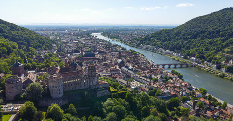 Aerial view over the famous city of Heidelberg Germany with Heidelberg Castle and River Neckar