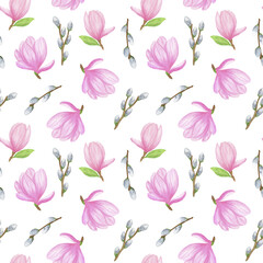 Magnolia flower, pussy willow branches seamless pattern, floral repeat ornament, bouquet with leaves and flowers simple watercolor illustration for fabric, textile, trendy modern decor ideas