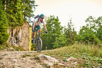 Naklejka na ściany i meble Cyclist Riding the Bike on the Trail in the Forest. Man cycling on enduro trail track. Sport fitness motivation and inspiration. Extreme Sport Concept. Selective focus